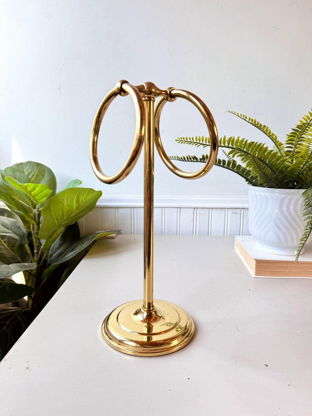 Vintage 1990s Brass Bathroom Towel Rack, Decorative Towel Display, Hand Towel Rack, Brass Self ...