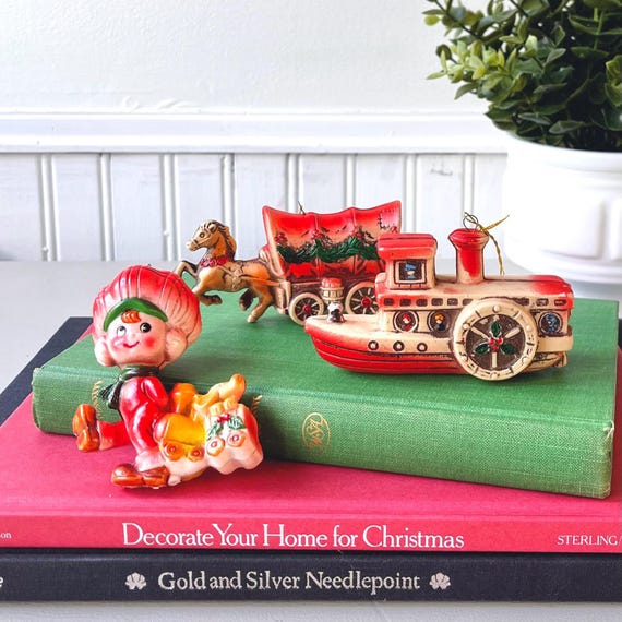 【ひまわり さま】vintage ornament ❀ かわいい 赤いおうち Vintage 1960s Japan Christmas Ornaments, Set of 3, MCM Mid Century