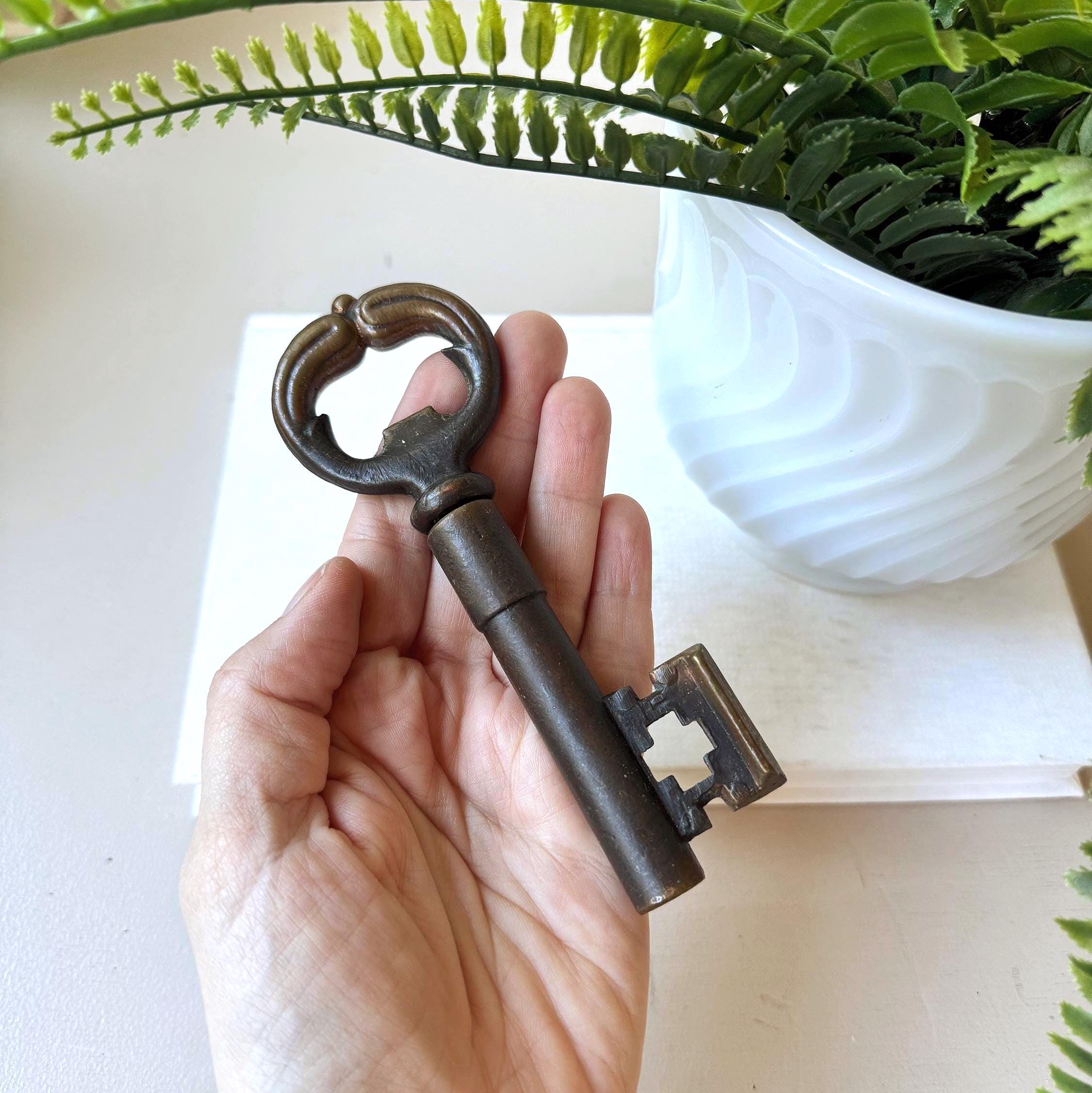 Vintage 1950s Brass or Bronze Skeleton Key Corkscrew, MCM Mid
