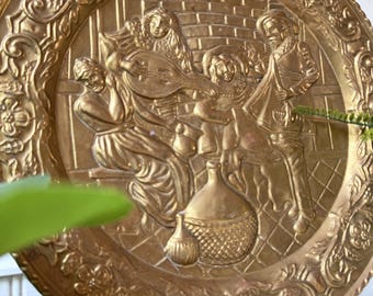 Vintage 1970s Repoussé Brass Wall Plate, MCM Mid Century Embossed