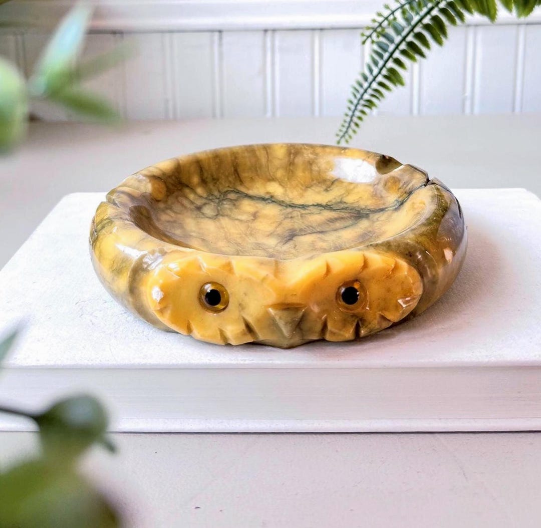 Italian Alabaster Owl Ashtray, Vintage 1970s MCM Mid Century Hand