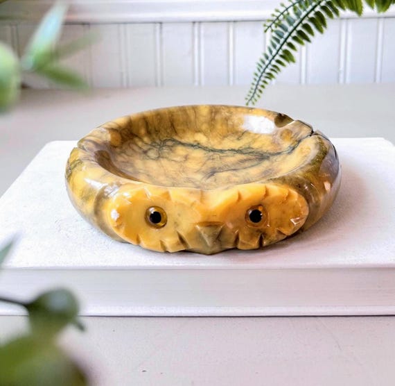 Italian Alabaster Owl Ashtray, Vintage 1970s MCM Mid Century Hand