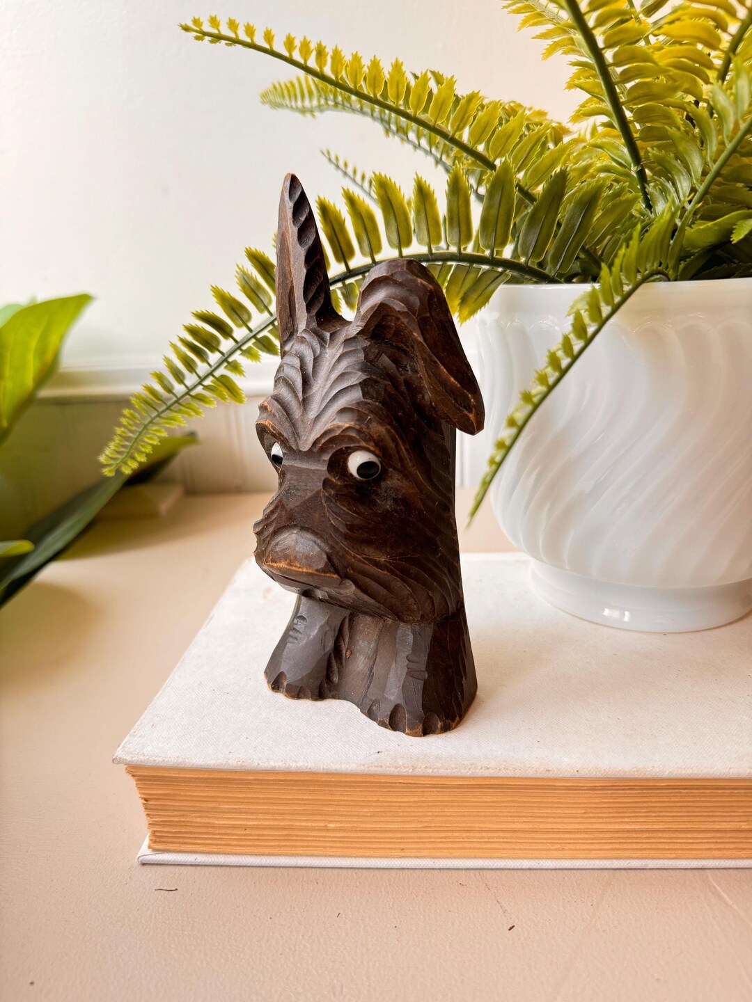 Vintage 1940s Carved Terrier Dog Figure, MCM Mid Century Black