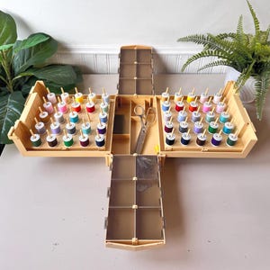 May include: A vintage sewing kit in a beige plastic case, open to show spools of colourful thread and a pair of scissors. The kit is organised with multiple compartments and a folding design, ideal for storing sewing supplies.