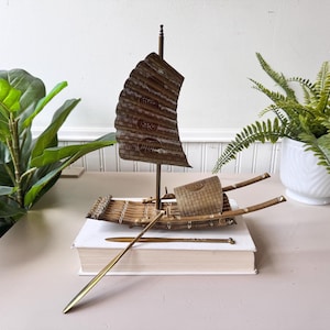 Vintage 1960s Brass Miniature Junk Boat Sculpture, MCM Mid Century Nautical Decor, Folding Raft with Oars, Maritime Display Piece, Bamboo