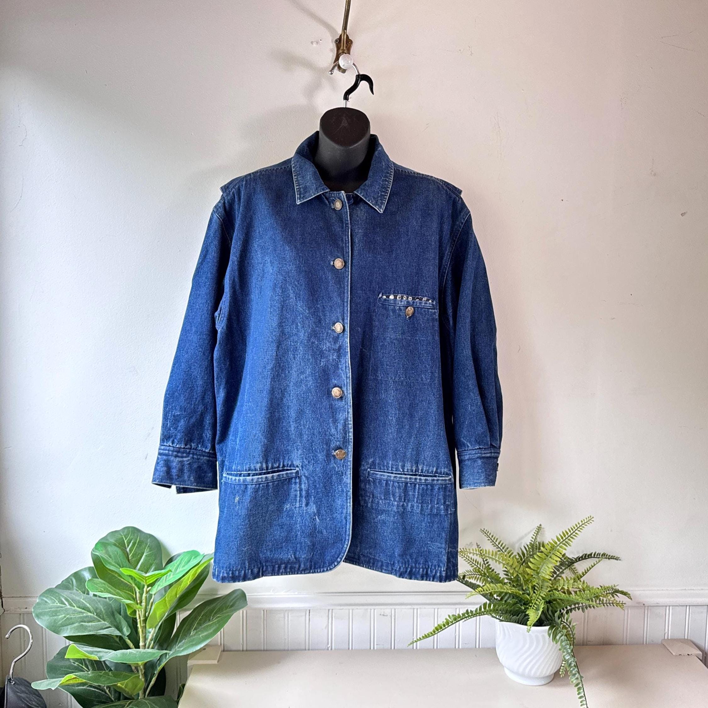 【Vintage】DENIM COAT / JACKET Vintage 1980s Jones New York Denim Jacket, Retro Polka Dot Silk
