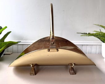 Vintage 1970s Brass Firewood Holder with Paw Feet, MCM Mid Century Hearth Decor, Log Basket, Kindling Carrier, Interior Scratches, Taiwan,