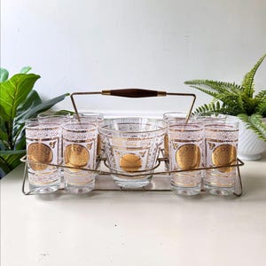 Vintage 1960s Culver Style Aztec Calendar Barware Set of 10, MCM Mid Century Gold Gilt 8 Glasses with Ice Bucket & Carrier, Retro Bar Set
