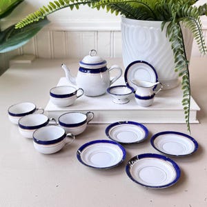 Vintage 1920s German Enamelware Child’s Tea Set of 14, Blue & White Miniature Doll Toy Teapot