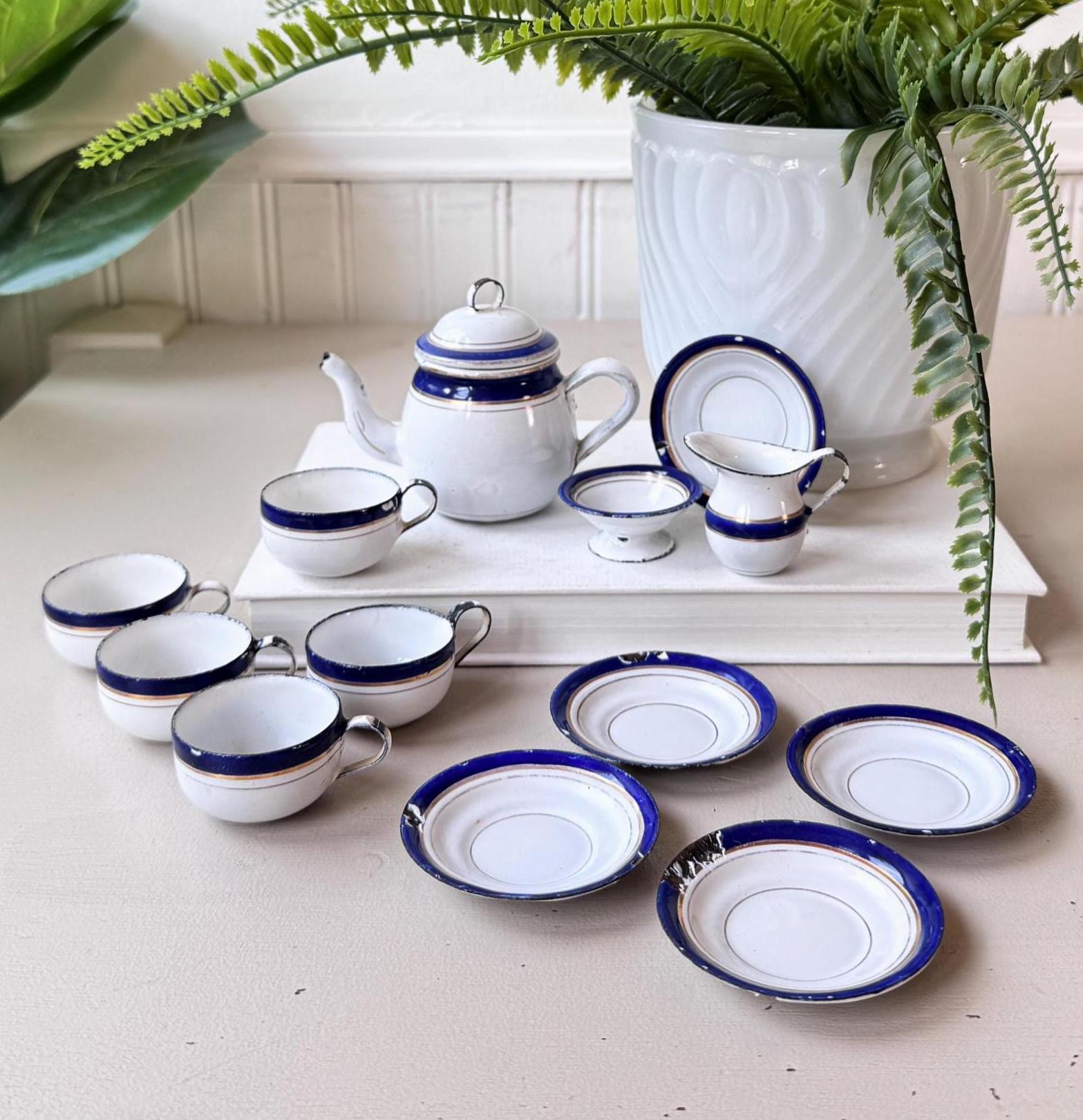 Vintage 1920s German Enamelware Child's Tea Set of 14, Blue