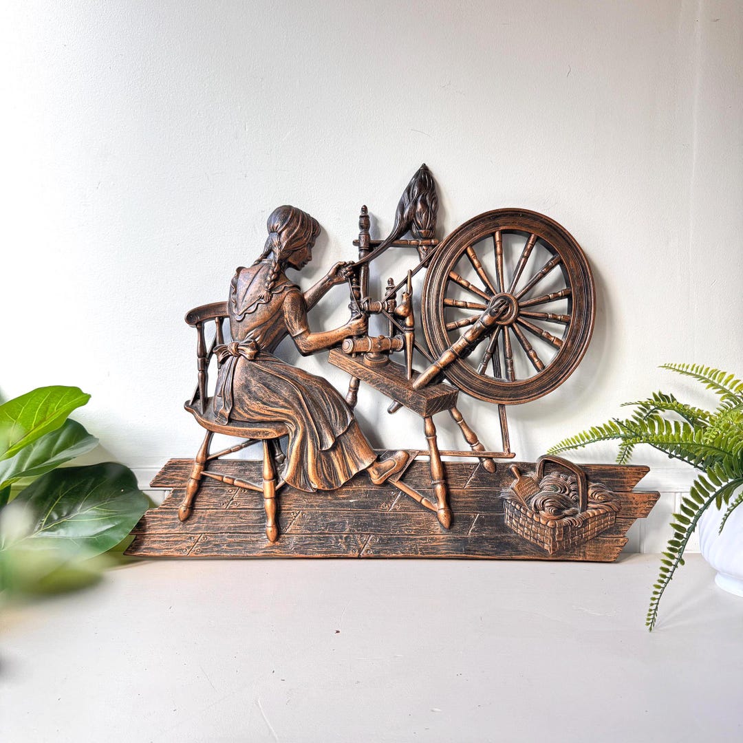 Vintage 1970s Coppercraft Spinning Wheel Wall Hanging, MCM Mid