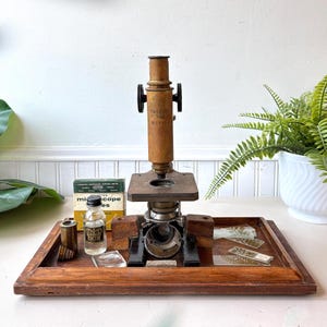 Antique German Carl Zeiss Jena Microscope Set, Vintage Early 1900s Brass Scientific Instrument with Wood Case & Accessories, Academia Decor