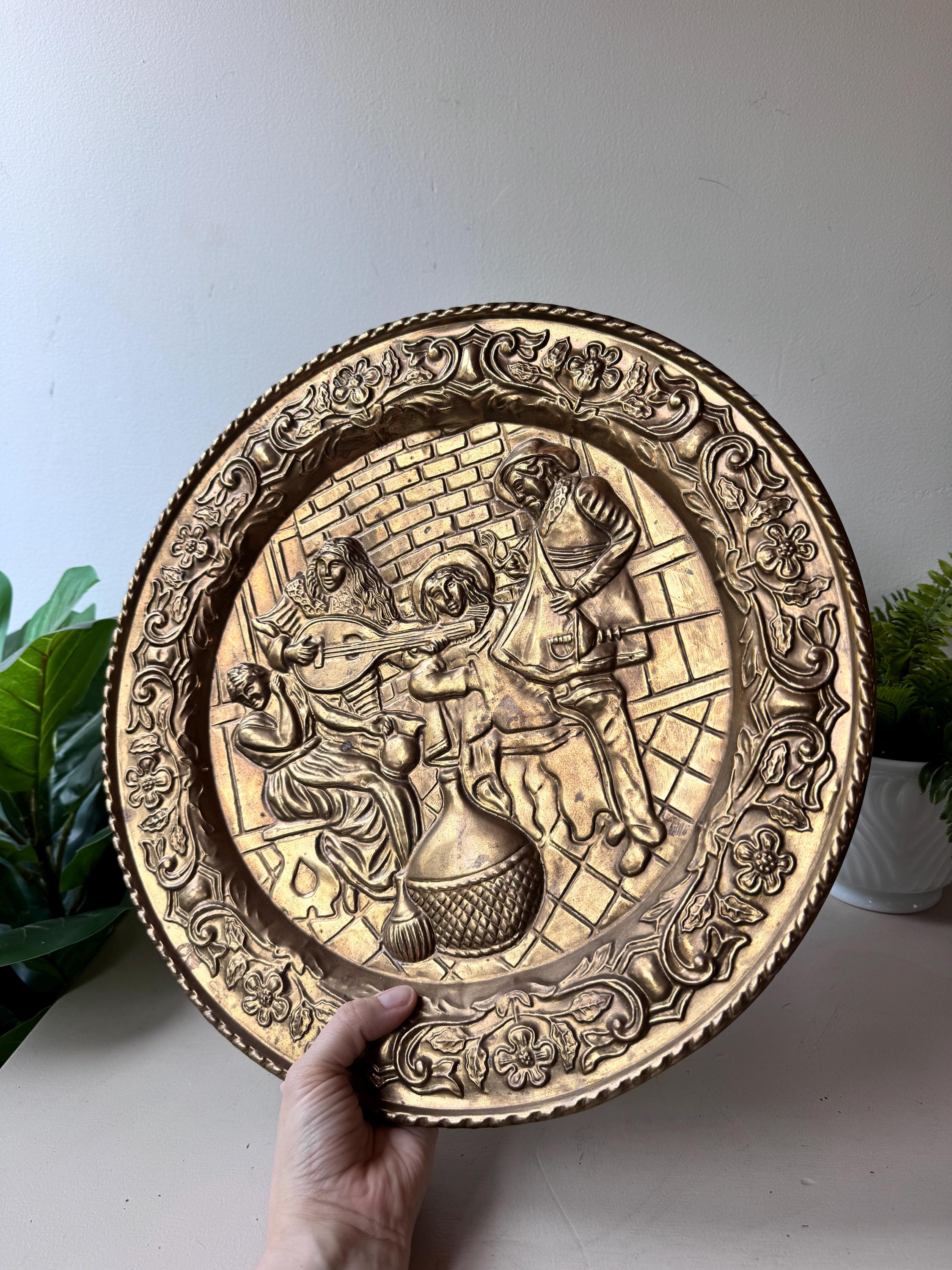 Vintage 1970s Repoussé Brass Wall Plate, MCM Mid Century Embossed