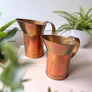 Vintage 1960s Copper and Brass 1-Liter Pitchers, Set of 2, MCM Mid Century Industrial Farmhouse Kitchenware, Metal Jugs, Country Kitchen