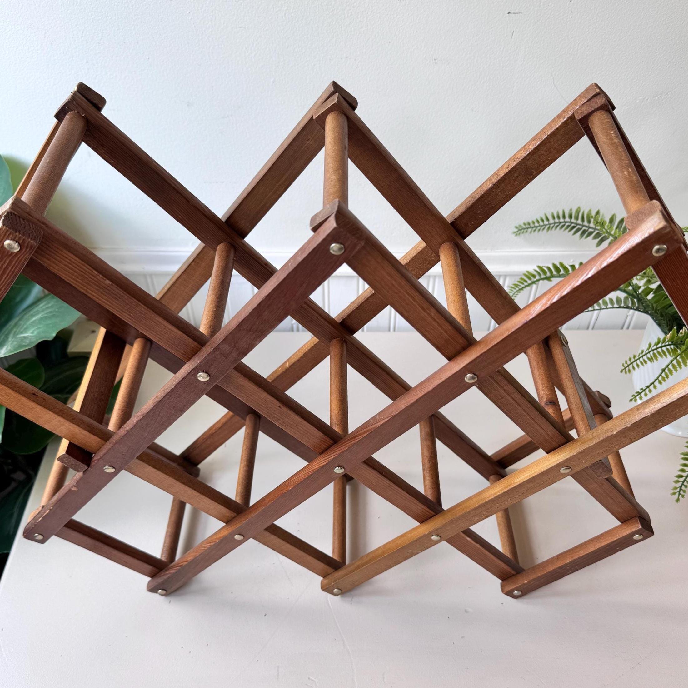Vintage 1970s Wooden Expandable Wine Rack, MCM Mid Century Folding