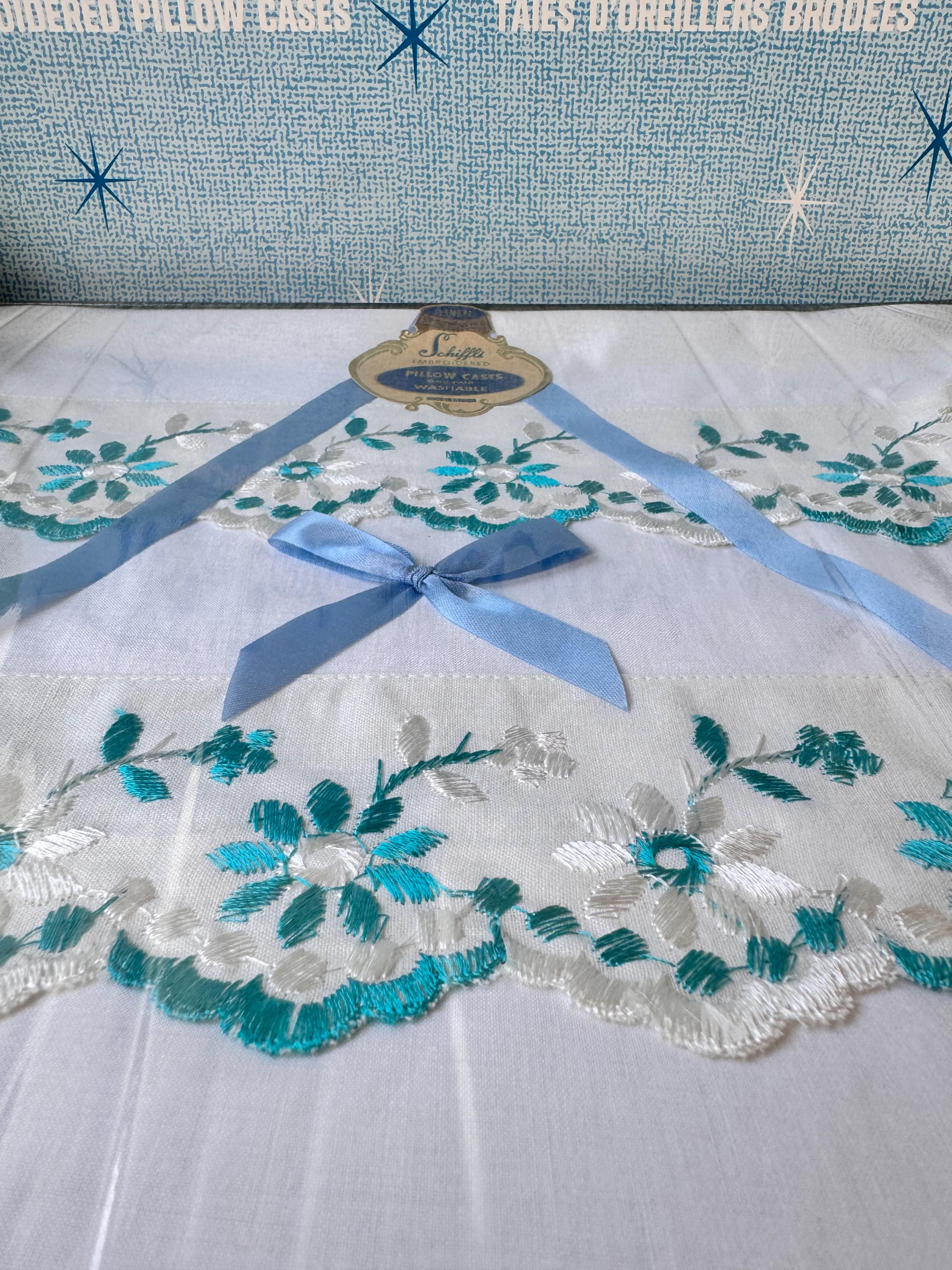 Taie D'oreiller Vintage Colortex 1950 – Coton Mousseline à Broder – Motif Feuilles (NOS)