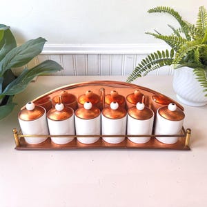 Vintage 1960s Copper & Ceramic Spice Jar Set, MCM Mid Century Wall-Mount Spice Jars with Rack, Made in Korea, Functional Kitchen Decor