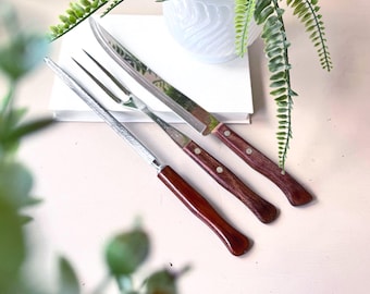 Vintage 1960s Prestige Carving Set of 3, MCM Mid Century Stainless Steel Knife, Fork, and Sharpener, Wooden Handles, Made in England