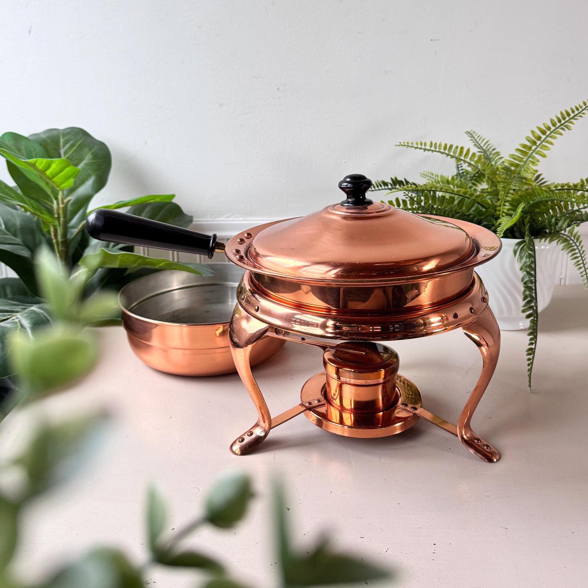 Vintage 1960s Solid Copper Chafing Dish With Spirit Burner, MCM