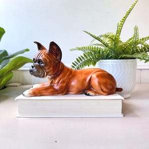 Vintage 1950s Boxer Dog Figurine, Made in Japan, MCM Mid Century Ceramic Dog Statue, Brown and Black Glazed Boxer Puppy, Animal Decor