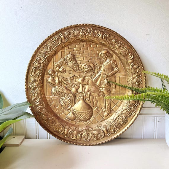 Vintage 1970s Repoussé Brass Wall Plate, MCM Mid Century Embossed