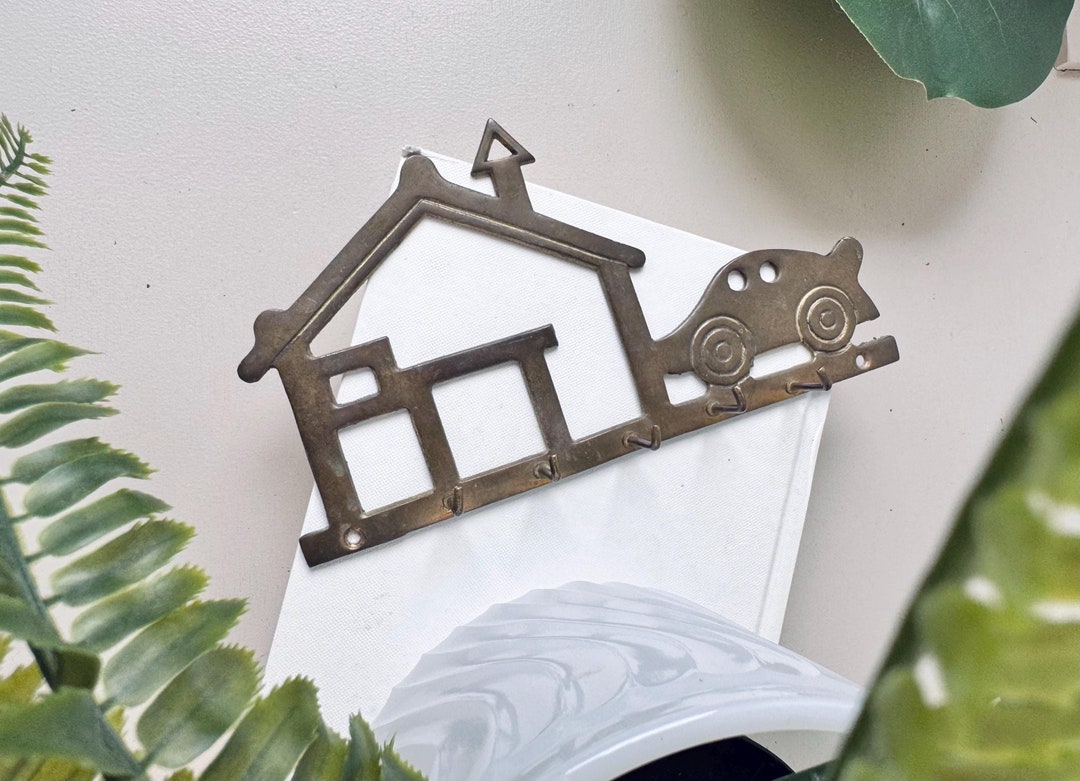 Vintage 1980s Brass House & Car Key Hook, Entry Wall Decor, Retro