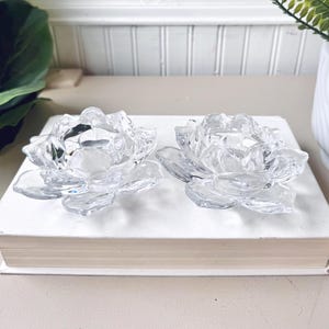 Vintage 1970s Glass Lotus Candle Holder, Set of 2, MCM Mid Century Crystal Tea Light Holders, Spring Flower Decor, Pressed Glass Votive