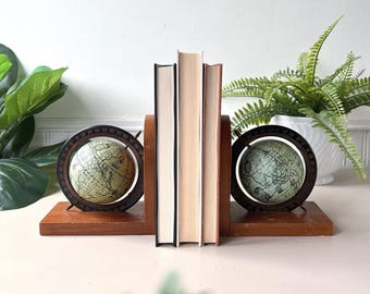 Wooden Globe Bookends, Vintage 1960s MCM Mid Century Modern Teak-Tone Wood Atlas Office Decor