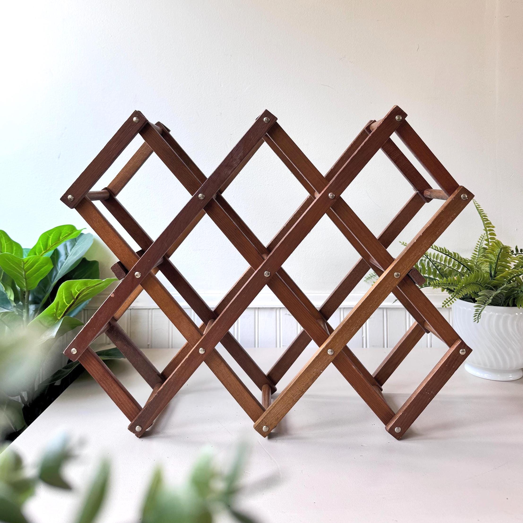 Vintage 1970s Wooden Expandable Wine Rack, MCM Mid Century Folding