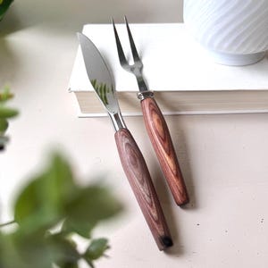 Vintage 1960s Mode Danish Carving Knife and Fork Set, MCM Mid Century Modern Rosewood Handles, Sleek Flatware, Scandinavian Style