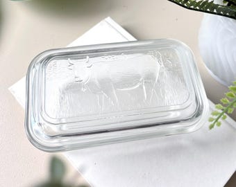 Mantequera de cristal con motivo de vaca, vintage de los años 70, Arcopal Francia, con tapa, escena campestre.