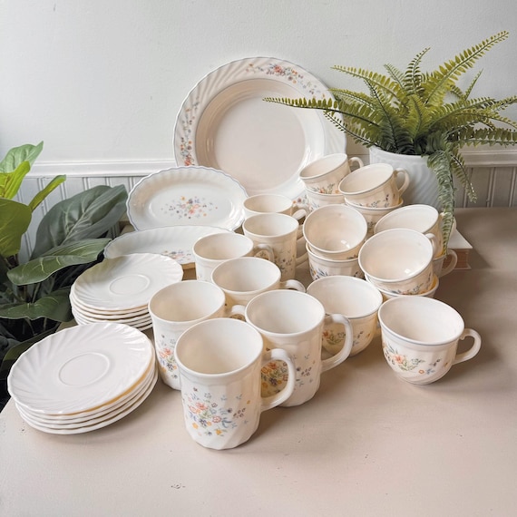 Vintage Arcopal France Milk Glass Dinnerware Set, Floral Victoria