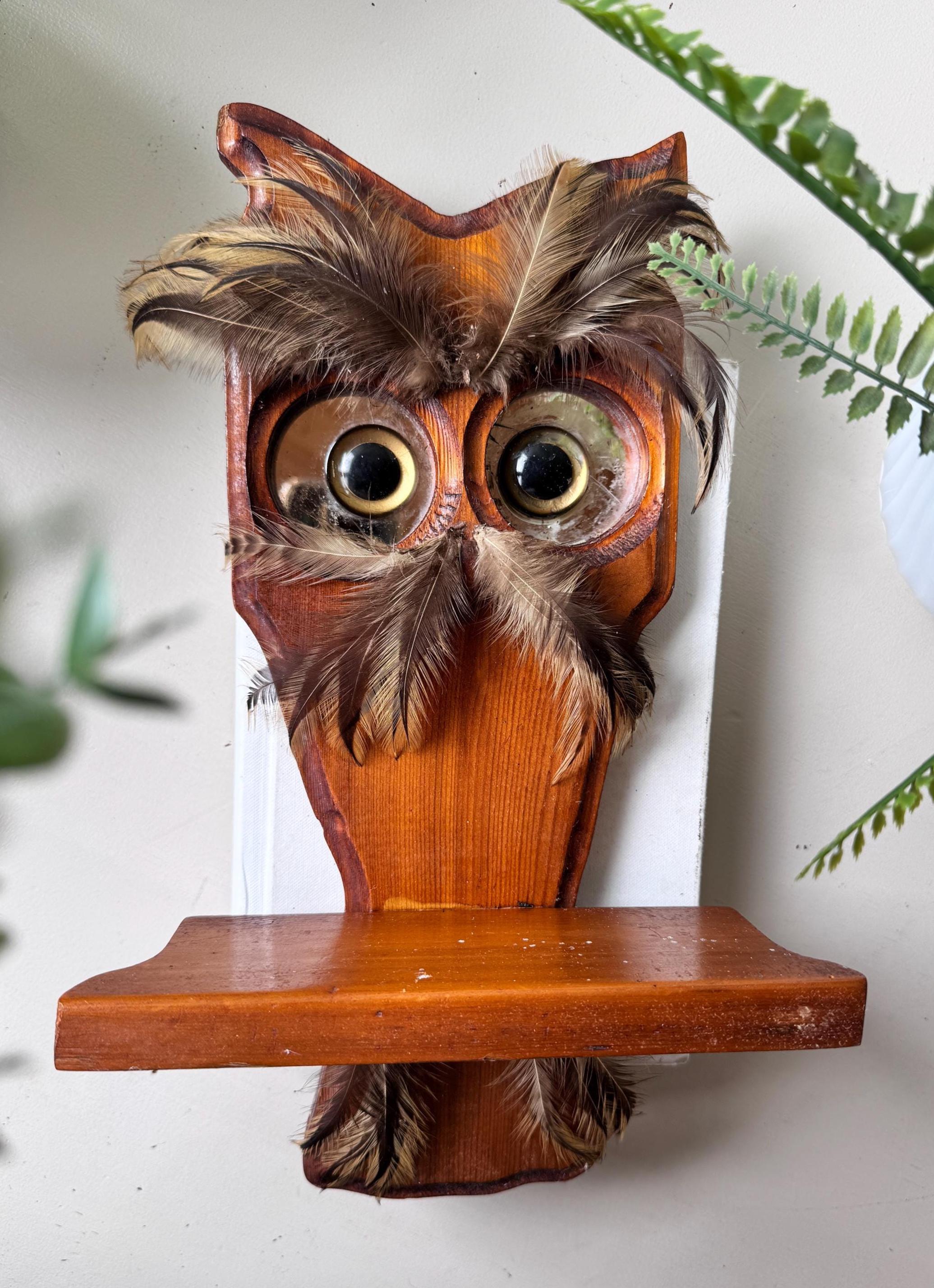 Vintage 1970s Owl Shelf Wall Hanging With Feathers, MCM Mid