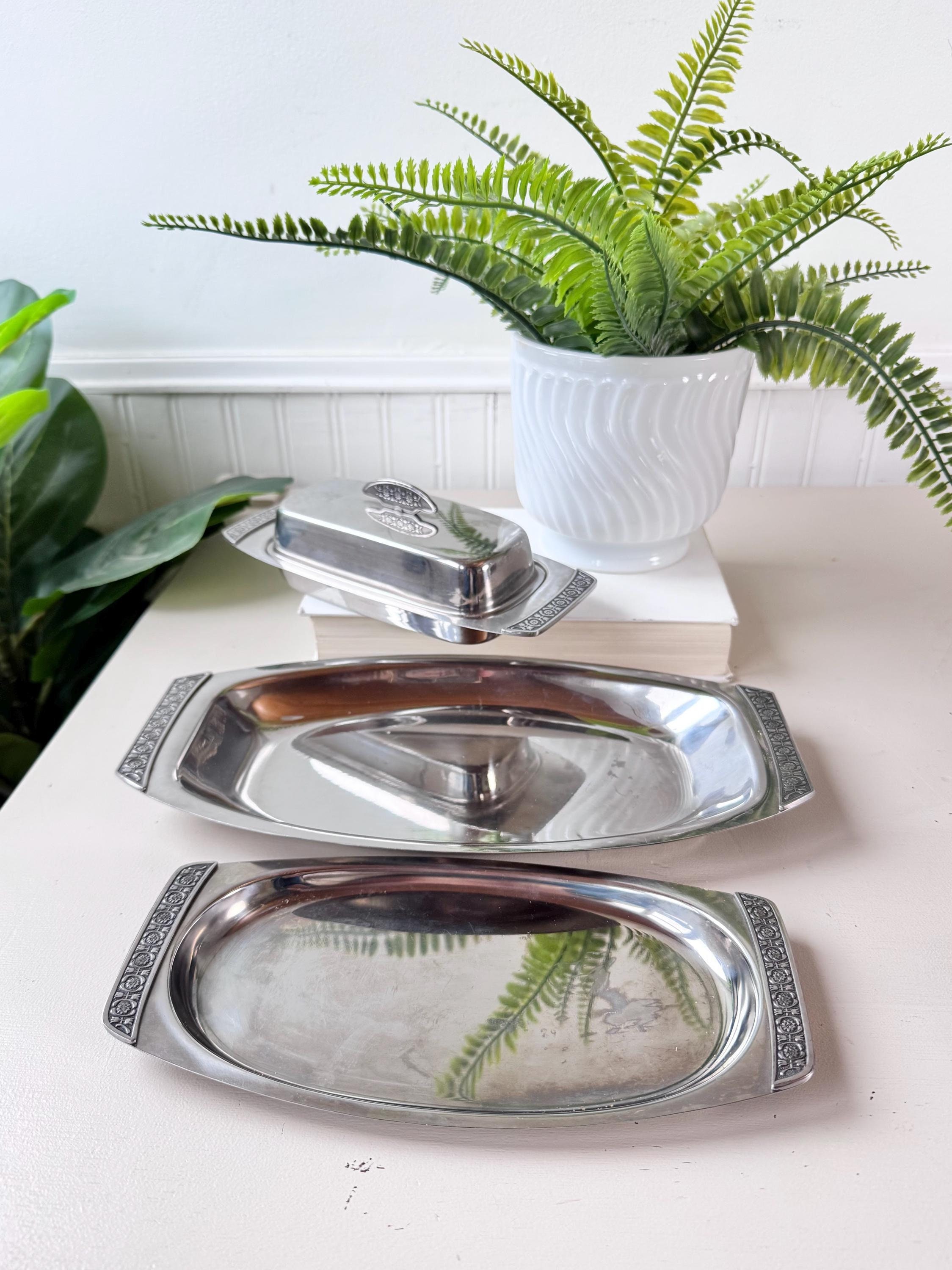 Vintage 1960s Stainless Steel Butter Dish & Serving Tray Set of 4, MCM Mid Century Serving Set, Midcentury, Made in Japan, Retro Flower