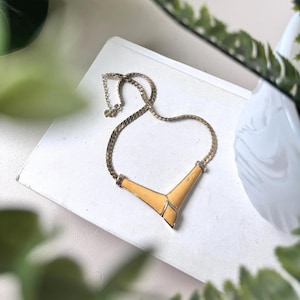 Vintage 1970s Christian Dior V-Shaped Gold Plated, Enamel Pendant Necklace, MCM Mid Century Modernist Statement Jewelry, Signed Chr. Dior