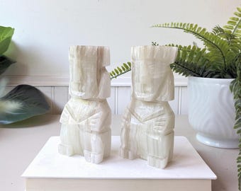 Onyx Moai Bookends, Vintage 1970s MCM Mid Century Carved Stone Figures, Shelf Decor