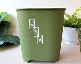 Zielony kosz na śmieci w kształcie awokado, zabytkowy kosz na śmieci MCM z lat 70. XX wieku w kształcie gwiazdy atomowej