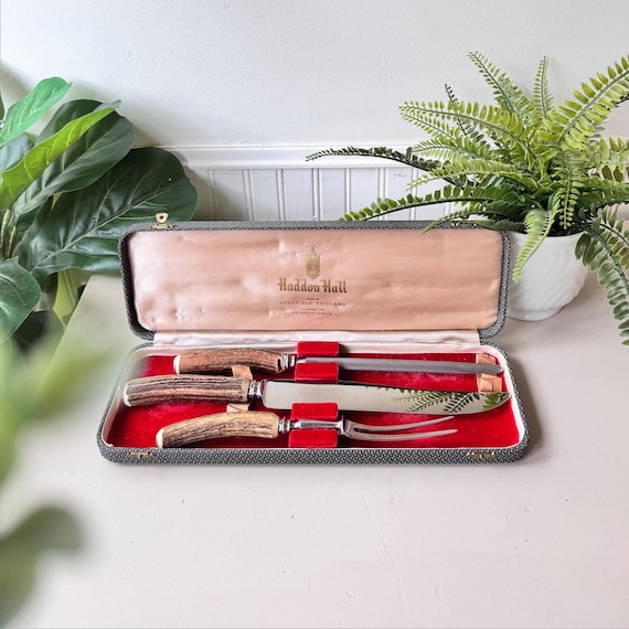 Vintage 1950s Antler Haddon Hall Carving Set, MCM Mid Century