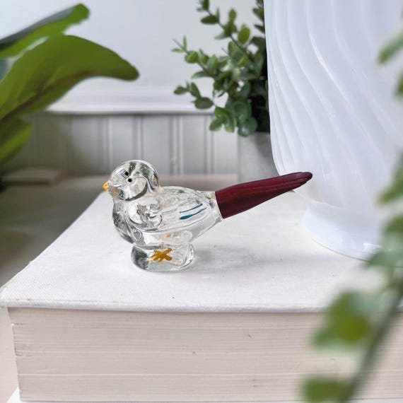 Vintage 1960s Glass Bird Cologne Bottle with Painted Details, MCM Mid Century Kolonya Perfume Bottle with Burgundy Screw-On Tail, Turkey