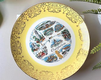 California Souvenir Plate, Vintage 1960s Mid Century Yellow Gold Rim Travel Decor