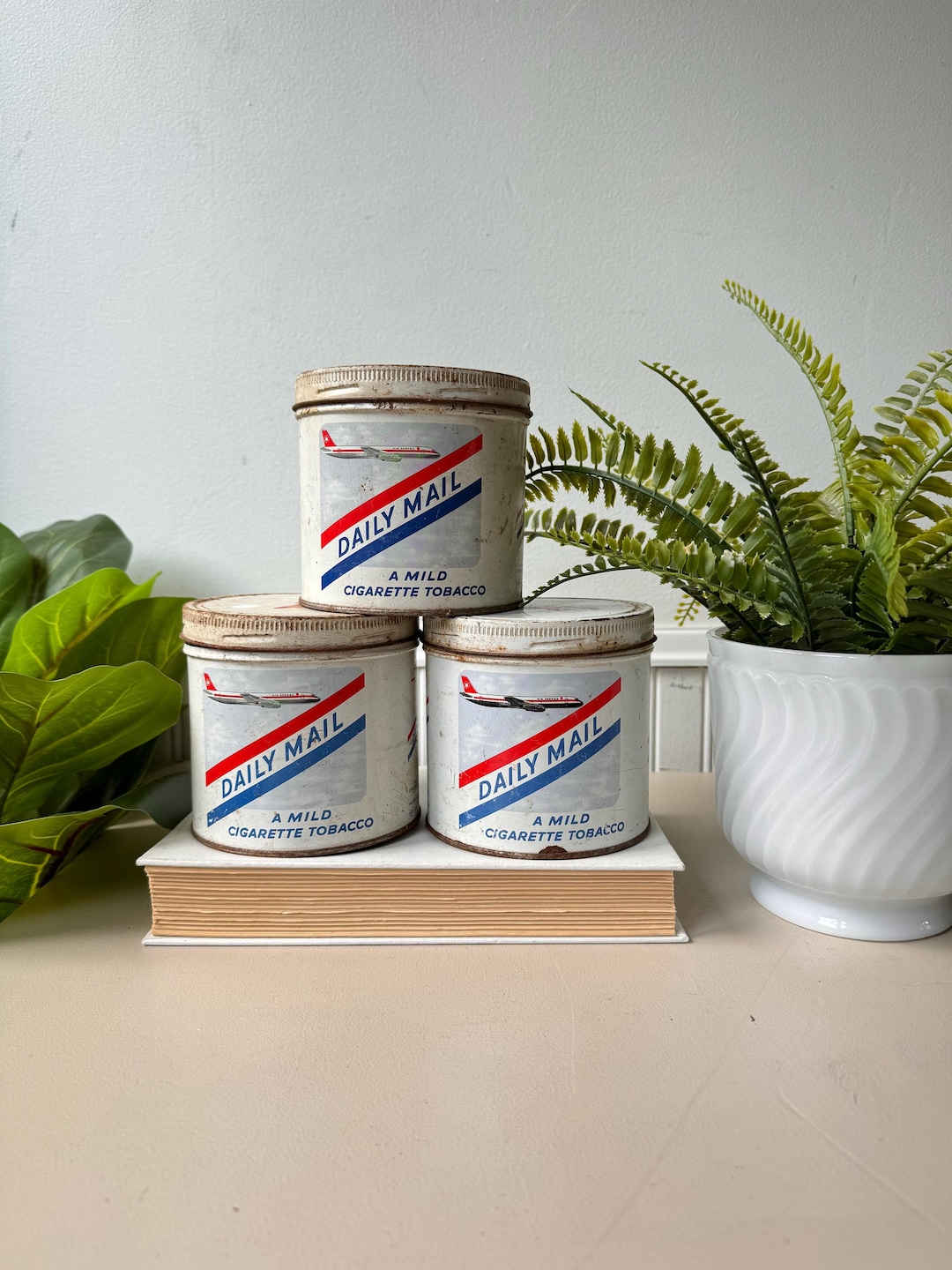 Vintage 1950s Tobacco Daily Mail Tins, Set of 3, 65 Cents, Canada, MCM Mid Century Cans, Antique Tobacco Tins, Midcentury Home Decor