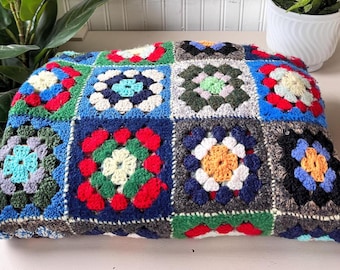 Granny Square Afghan Blanket, Vintage 1960s 6' X 4' Crochete Throw