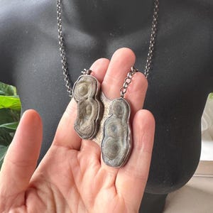 Vintage 1960s Niels Erik From Denmark Grey Chalcedony Necklace, MCM Mid Century Abstract Stone Pendant, Sterling 925 Silver, Danish Modern