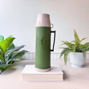 Vintage 1960s Thermos Vacuum Bottle, Green and Cream Canadian-Made Filler 24F, Retro Camping Thermos with Dual Cup Lids