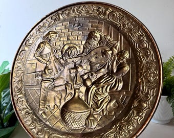 Vintage 1970s Repoussé Brass Wall Plate, MCM Mid Century Embossed