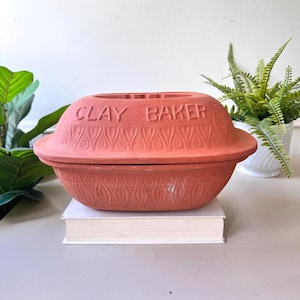 Vintage 1970s Terracotta Clay Baker with Lid, Rustic “Clay Baker” Roaster, MCM Mid Century Ovenware, Canadian, 14&quot; Long, Vintage Bakeware