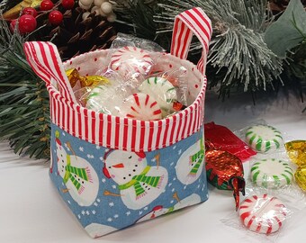 Mini Fabric Catch All Basket, Christmas Snowman, Handmade Gifts,
