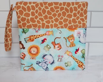 Wet Bag, Animal Babies and Giraffe Print, Zippered Top and Strap.  For Cloth Diapers, Soiled Clothing, Swimwear, Gift For New Mom. 10" x 10"