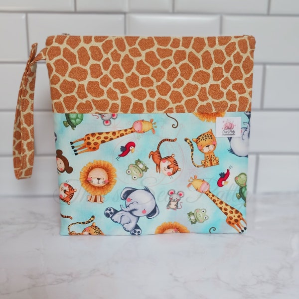 Wet Bag, Animal Babies and Giraffe Print, Zippered Top and Strap.  For Cloth Diapers, Soiled Clothing, Swimwear, Gift For New Mom. 10" x 10"