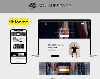 Könnte beinhalten: Eine Website für ein Fitnessprogramm namens "Fit Mama" mit dem Slogan "DARE to be EXTRAORDINARY". Die Website zeigt ein Schwarzweißfoto einer Frau, die mit einem Widerstandband eine Kniebeuge macht. Der Text "FITNESS made for every-BODY." ist ebenfalls auf der Website zu sehen.
